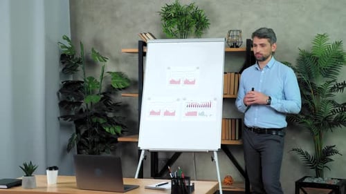 Businessman coach greets talk teaches students listen employees online videocall