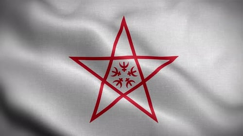 Realistic Waving Flag with Red Pentagram and Spiritual Symbols