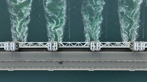 Bird's Eye View of a Storm Surge Barrier in the Netherlands