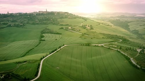 Flying over the foggy Tuscany Italy landscape