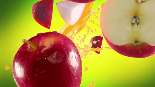 Red Apple with Slices Falling on Lime Green Background