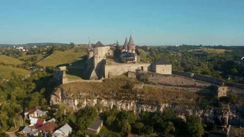 Aerial View of the Ruins of a Large Medieval Castle in Europe