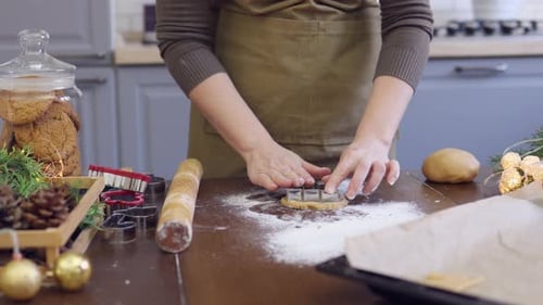 Woman Hands Cooking Christmas Pastry Biscuits Cutting Out Dough Figures Put Tray