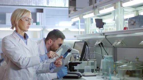 Scientists Analyzing Sample Under Microscope in Laboratory