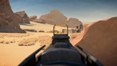 First Person Shooter View with Futuristic Weapon in Desert Landscape