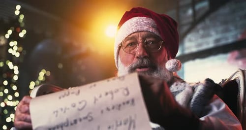 Smiling Santa Pointing with His List by Tree
