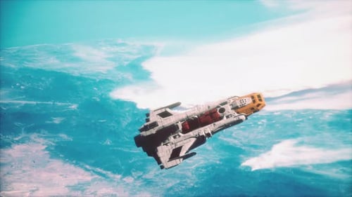 Futuristic Spaceship Flying Over Planet Earth Animation
