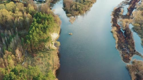 Aerial View Curved River In Early Spring Landscape