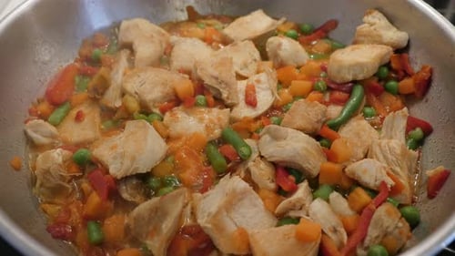 Close Up of Steaming Chicken Stir Fry in Pan
