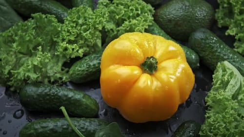 Fresh Vegetables, Yellow Bell Peppers, Cucumber and Salad on a Black Background.