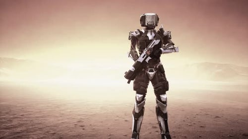 Futuristischer Soldat in der Wüste bei Sandstorm