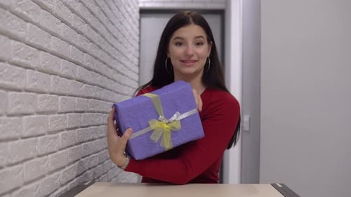 Woman Making Surprise Give Holiday Present Distance By Video Call Quarantine