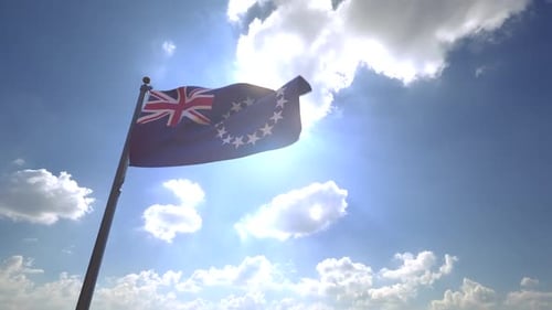 Cook Islands Flag Waving in Bright Sunny Sky
