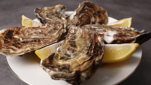 Delicious Oysters with Lemon Wedges on White Plate