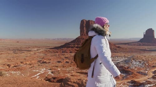Happy Traveler Looking at Bright Sun Wild West Landscape on Motion Background