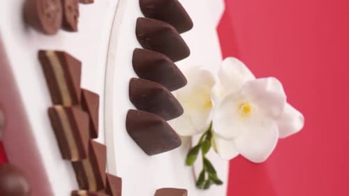Vertical video, Close up: Composition of chocolate and candies on a red background