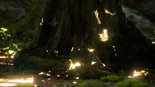 Golden Sunlight Rays Illuminating Forest Tree Trunk