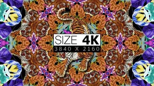 Vibrant Kaleidoscope Tiger and Tropical Leaves Animated Loop