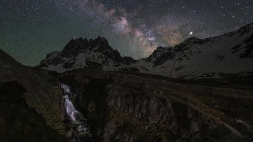 Milky Way Above the Mountains and a Waterfall