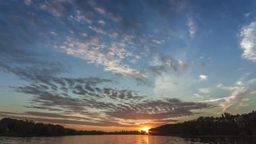 Stunning sunset with dynamic clouds over the lake, timelapse, 4K