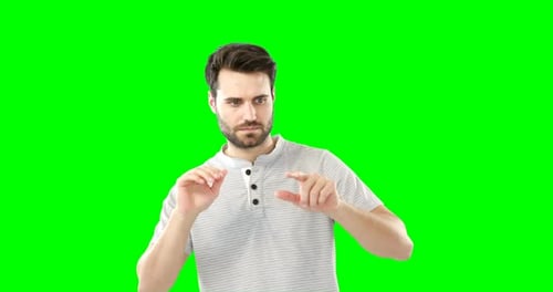 Man pretending to touch an invisible screen