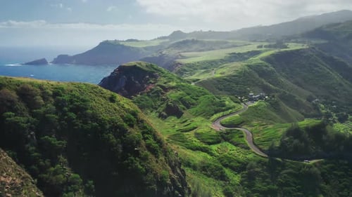 Cinematic Aerial Panorama Wild Nature of Tropical Island Maui Coast Hawaii USA