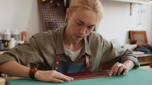 Craftswoman Gluing Zipper on Leather Product