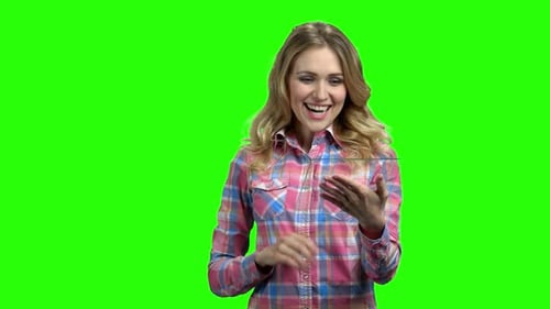 Woman Holding Transparent Tablet Pc on Green Screen