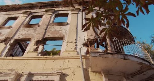 The Destroyed Building After the War. Close Up.