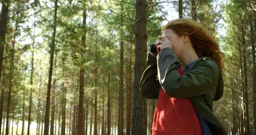 Woman Taking Pictures in Sunny Forest Setting