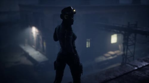 Animated Futuristic Character with Headlamp in a Dark Industrial Setting