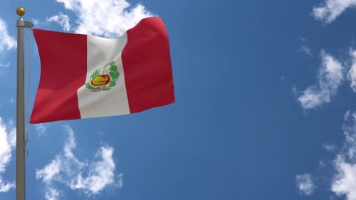 Animated Peruvian Flag Waving on Pole Against Blue Sky