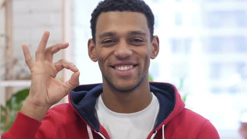 Young Adult Giving Ok Hand Gesture and Smiling