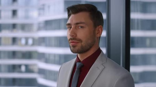 Thinking Caucasian Businessman Smiling Looking Camera in Modern Window Office