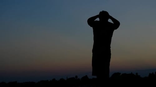 Person Silhouette Contemplating Nature at Sunrise or Sunset