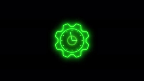 Glowing Green Neon Gear and Clock Time Icon