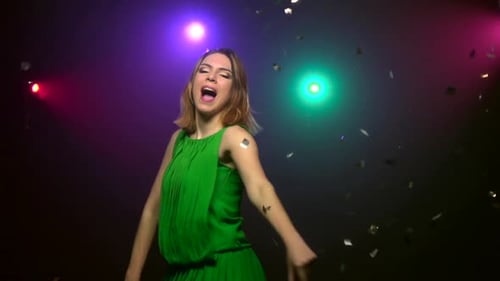 Dancing of Woman in Green Dress, Close-up, Slow Motion
