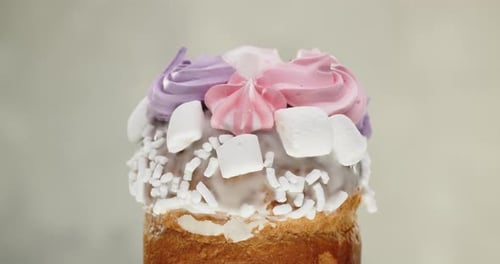Easter Cake Decorated With Icing And Colorful Meringues.