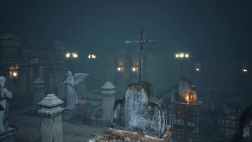 Très vieux cimetière brumeux et effrayant dans le brouillard la nuit