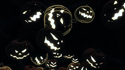 Spooky Halloween Glowing Jack-o'-Lantern Pumpkins Floating in Darkness