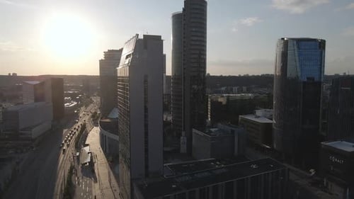 Aerial flyover around a business and financial center