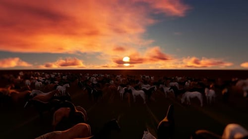 Herd of Horses Grazing at Sunset in a Vast Field