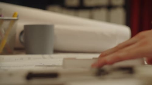 Nahaufnahme eines Zeichnungsdesignprojekts mit Lineal und Stift