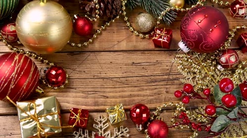 Christmas Card with Ornaments on Wooden Table