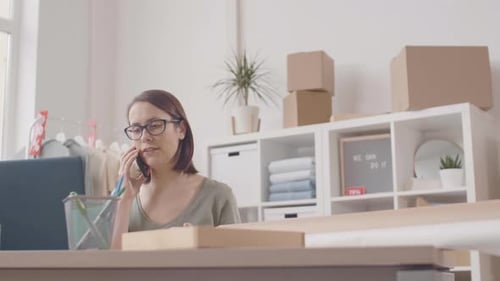 Woman Talking on Phone at Desk in Bright Office