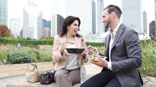 Business people having lunch at park in Chicago