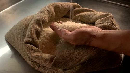 Rice Grains Falling Into Sack on Shiny Surface