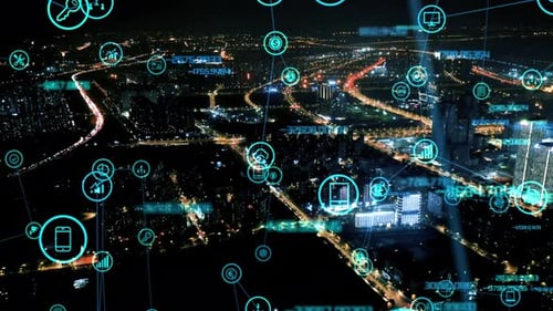 intelligente Skyline der vernetzten Stadt. Futuristisches Netzwerkkonzept, City Technology.