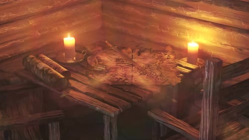 Old Treasure Map with Compass and Sword on Rustic Table
