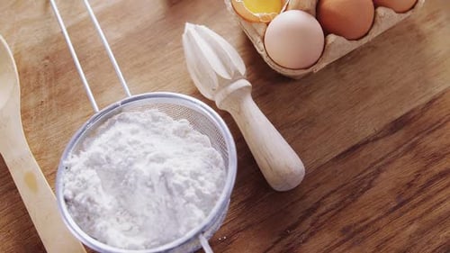 Baking Ingredients on Tabletop, Eggs and Flour